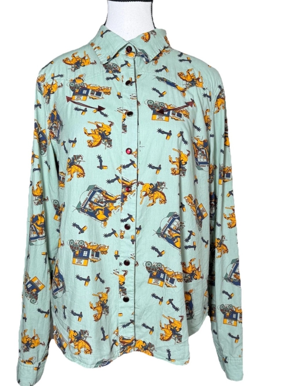 Cruel Denim Western Snap Shirt M  Cowboy Spurs Horse Stagecoach Festival Green